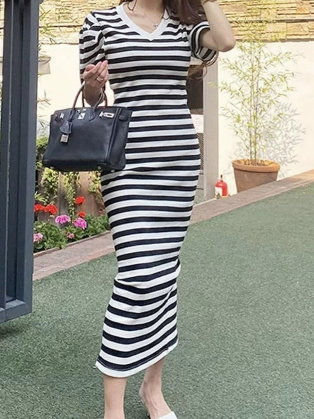 ZARA Korean Style Summer Knitted Striped Long Dress Split Neck Slim Fit Casual